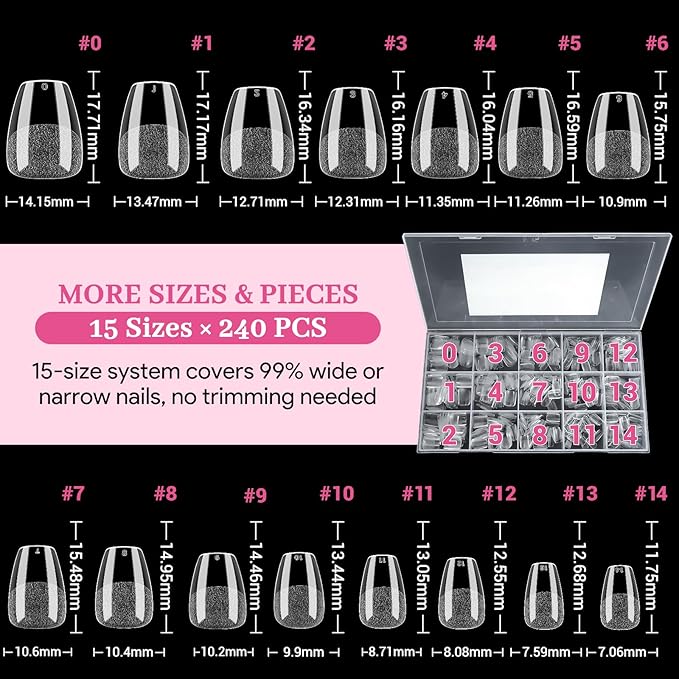 Qiek Extra Short Coffin Fake Nail Tips, 15 Sizes 240 PCS Clear Half Matte Press On False Nail Pre-shaped Half Soft Cover Gel Nail Tips Extensions Thick Long Lasting for DIY Beginners & Salon Manicure