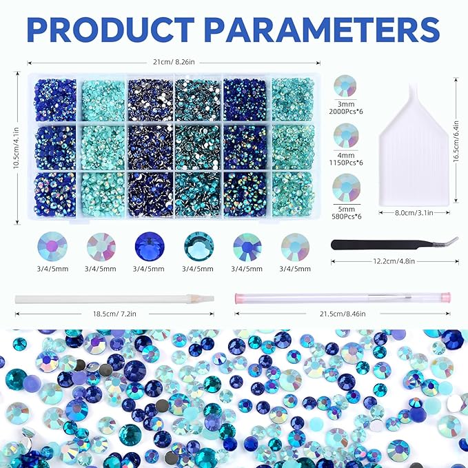 22380Pcs Blue and Cyan-Blue Color Flatback Rhinestones Kit for Nail Crafts DIY Decoration Non-hotfix Resin Round Shape Crystal(3mm,4mm,5mm)