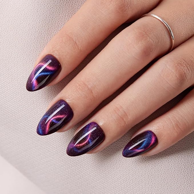 VSALON Press on Nails Short Almond - Dark Purpule Blue Cat Eye Sparkle Ribbon Design Winter Nails for Women, Reusable Opaque Gel Chrome Glue on Nails with Glue & Cuticle Oil - 32 PCS in 16 Sizes