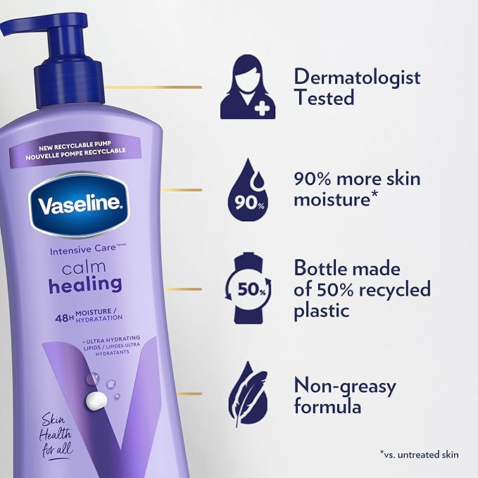 Vaseline Intensive Care Calm Healing Body Lotion 3 count for Dry Skin Made with Ultra-Hydrating Lipids and Lavender Extract to Heal and Restore Dry Skin 20.3 oz
