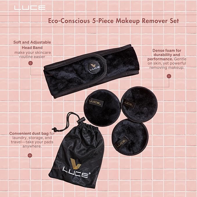 LUCE Lazy Eraser Makeup Remover Pads - Reusable Makeup Remover Pads (Black, 5-Pack)
