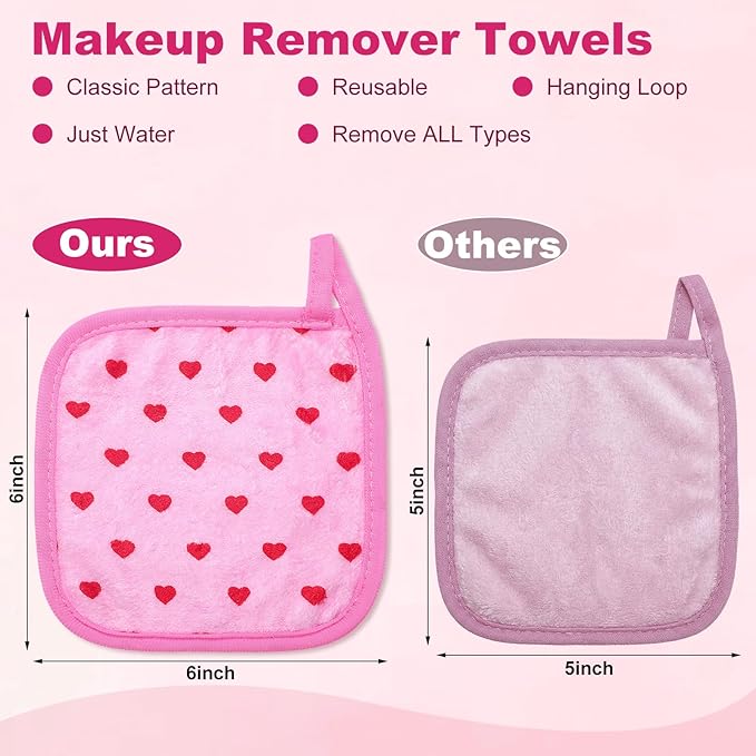 Frienda 24 Pcs Galentines' Valentines' Day Heart Makeup Remover Cloth 6" x 6" Towels Reusable Washable Remover Pads Soft Microfiber Washcloths Facial Cloths Makeup Towel Galentines' Gifts for Women