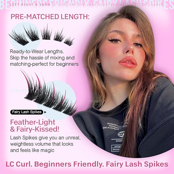 JIMIRE Wispy Lash Clusters Fairy Eyelash Clusters with Spikes 8-20MM LC Curl Cat Eye Cluster Eyelash Extensions with Bottom Lashes Clusters DIY Fox Eye Individual Lashes at Home 116Pcs Pack