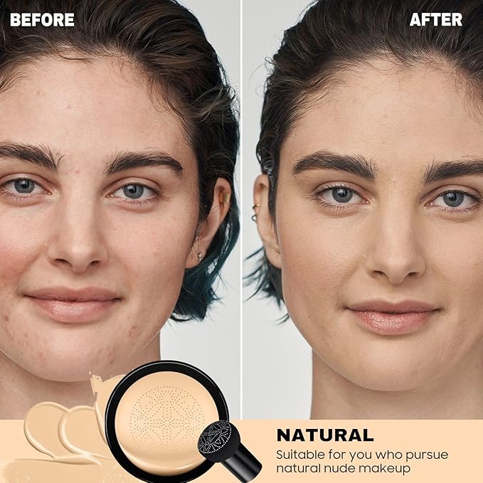 Mushroom Head Air Cushion CC Cream - BB Cream Long-Lasting Color Changing Foundation, Full Coverage Concealer for Older Women, Moisturizing & Brightening Foundation for Mature Skin Makeup (Natural)