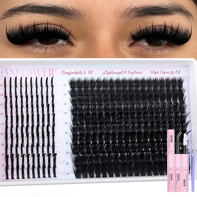 Fluffy Lash Clusters Kit 200D Volume Eyelash Clusters with Spikes 300Pcs DIY Lash Extension Kit Manga Cluster Eyelash Extensions Wispy Cluster Lashes Fairy Eyelash Extension Kit