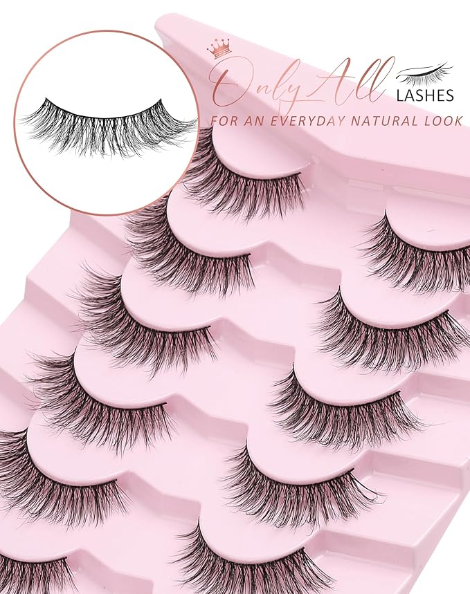 Onlyall Wispy 1 Eyelashes for Natural Flared Look, Soft Fluffy Lashes, Black, 7 Pairs D-K06