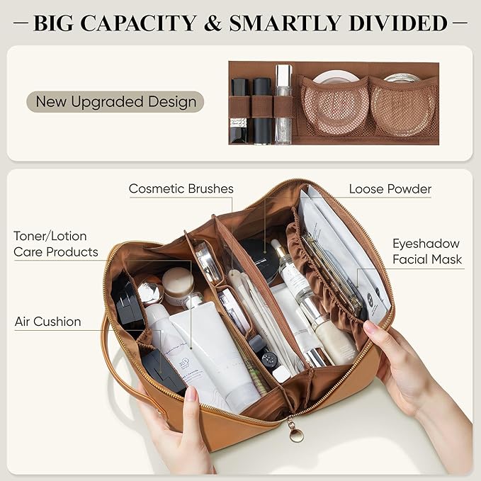 Travel Makeup Bag, Large Capacity Cosmetic Bags for Women, Waterproof Portable Pouch Open Flat Make up Organizer Bag with Dividers and Handle, Toiletry Bag for Essentials