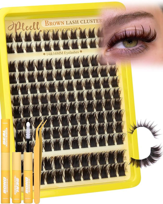 Lash Clusters Kit Brown Cluster Eyelash Extensions Kit More 14/16mm Volume Lashes with Spikes Anime Thick Eyelash Clusters Kit with Lash Bond and Seal, Tweezers by Pleell (D Curly, 144PCS)
