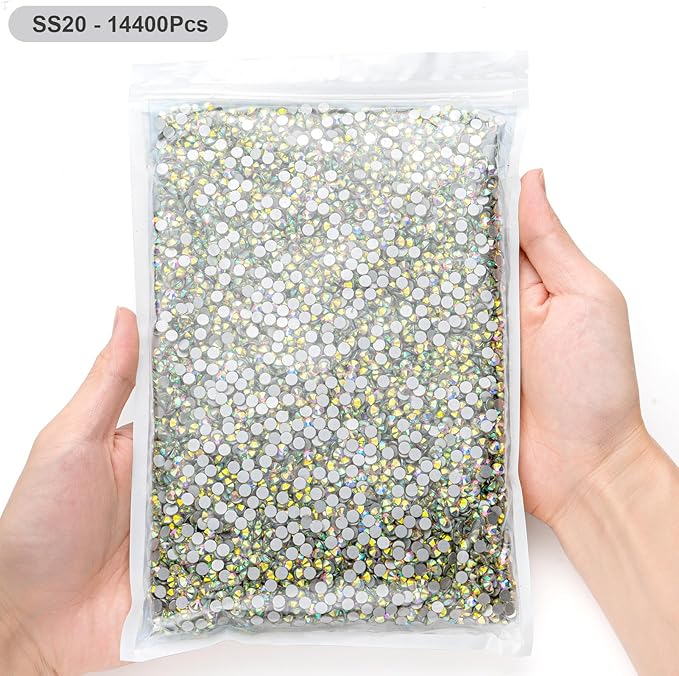 MEIBITE Flatback Rhinestones Bulk, 14400PCS Crystal AB Rhinestones for Clothes DIY Decoration Crafts, Crystal AB, SS20, 4.6-4.8mm
