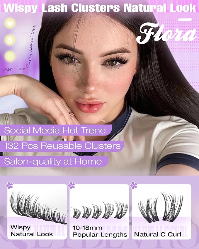 EYDEVRO Flora Lash Clusters Kit Wispy Natural Eyelash Clusters Kit 10-18mm DIY Lash Extension Kit Flaunt Cluster Eyelash Extensions Individual Lashes Kit Waterproof Lash Bond and Seal, Tweezers, Brush