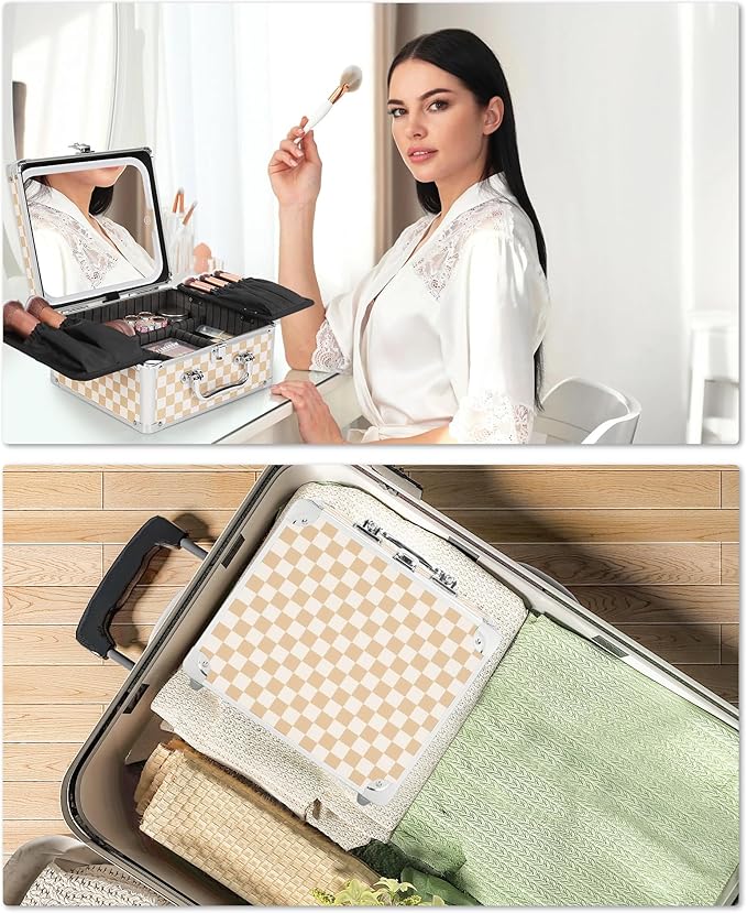 Relavel Makeup Bag with LED Mirror, Makeup Box Travel Train Case with Lighted Mirror & Adjustable Dividers, Cosmetic Brush Organizer Storage for Makeup Artists Gifts for Women and Girls (Plaid, Small)