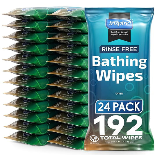 Body Wipes for adults bathing no rinse | Adult Wash Cloths Extra Large, Bathing Wipes for Incontinence, 8"x 8" In (192 count Bulk Pack) | By Inspire