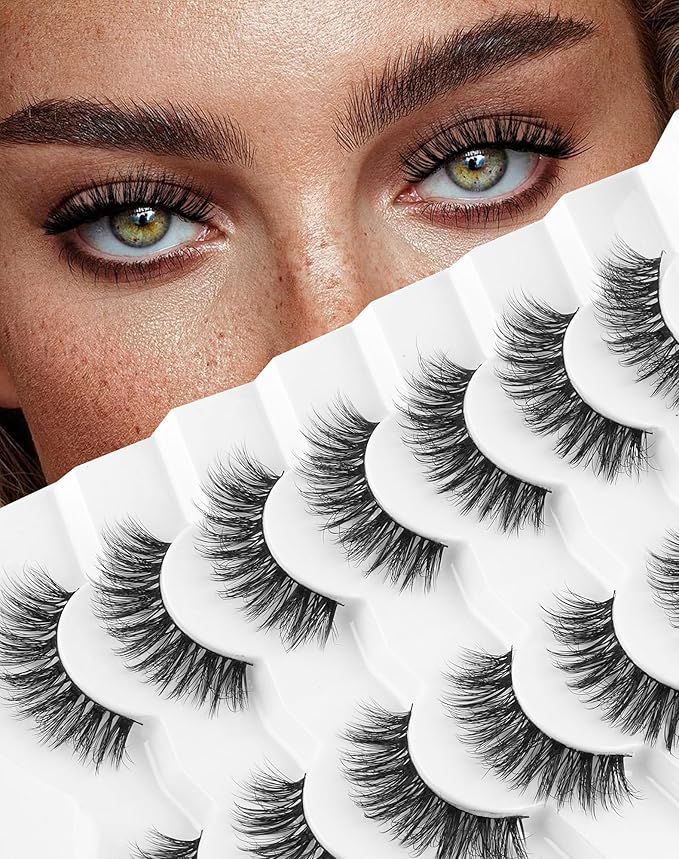 Jiocolor Natural Looking Short False Eyelashes Wispy Lashes Natural Look 14mm 3D Faux Mink Lashes 7 Pairs Fluffy Fake Eyelashes Pack 14MM