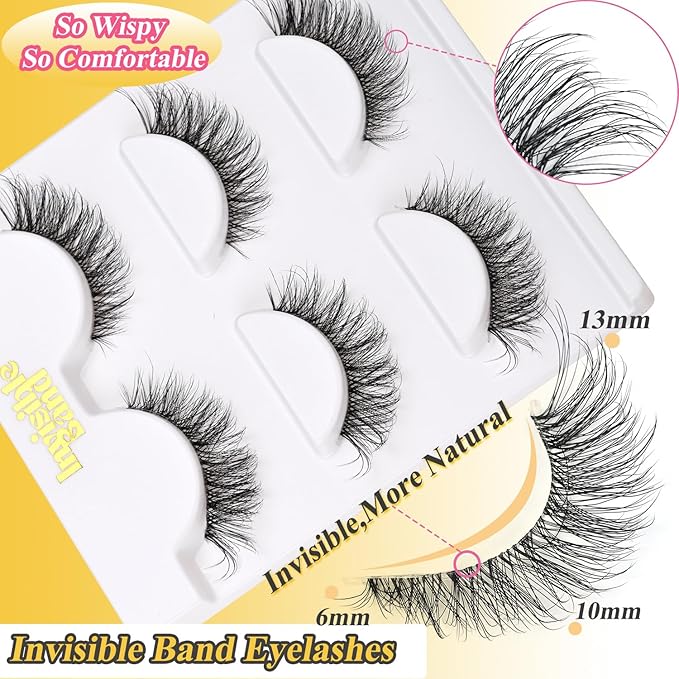 Invisible Band Wispy Lashes 13mm Short Eyelashes Natural Look Reusable 25 Times, D Curl Cat Eye Fake Strip Lashes With Clear Band, Small Lashes Pack Pestañas Postizas Naturales By Hiklasy