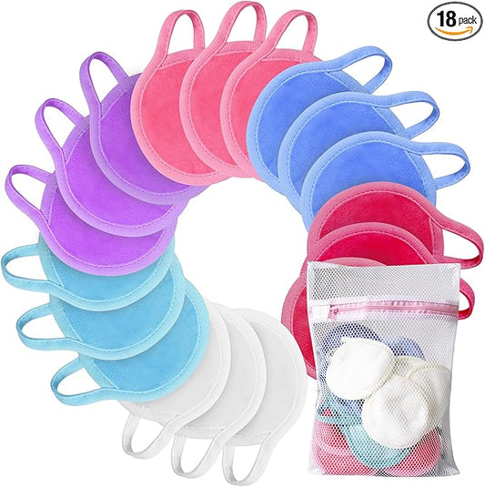 Nugilla Reusable Makeup Remover Pads, 18 Packs Microfiber Face Cloth with a Washable Laundry Bag, Reusable Rounds Towels for Face Cleaning, Soft Facial Rounds Wipes Eyes/Lips Clean for Women Gifts
