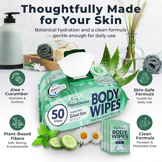 Body Wipes for Women - Sensitive Skin (Gentle Clean) - 2 Pack (108 Wipes), Extra Moist No-Rinse Bathing Wipes, Waterless Shower Alternative for Travel, Gym & Women's Hygiene