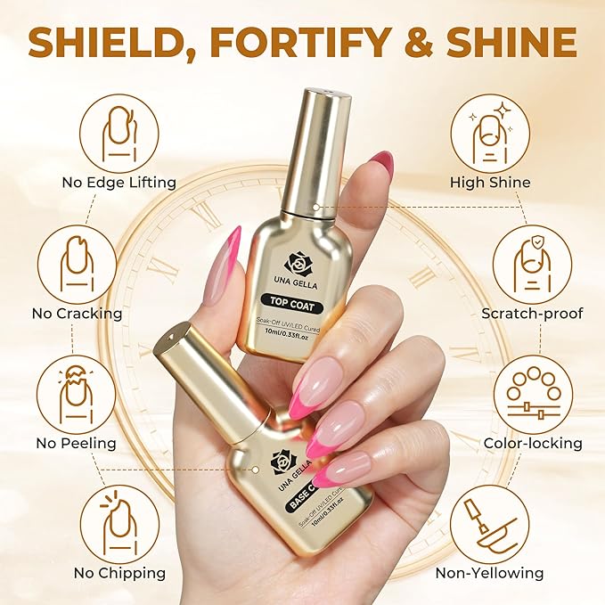 UNA GELLA No Wipe 2PCS Gel Top Coat Base Coat Set, Highly Glossy Top Coat Gel Nail Polish Strengthen and Acid-Free Clear Nail Base Soak Off, Key to Manicure for Her (U V Cure Need)