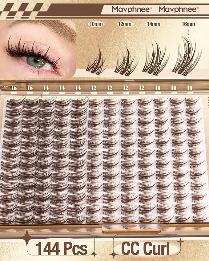Fairy Lash Clusters Brown Eyelash Clusters Clear Band Individual Lashes Natural Cluster Eyelash Extensions Spiky Cluster Lashes Fan-Out Dark Brown Wispy Lashes Extensions (CC-Curly, 144PCS, 10-16MM)