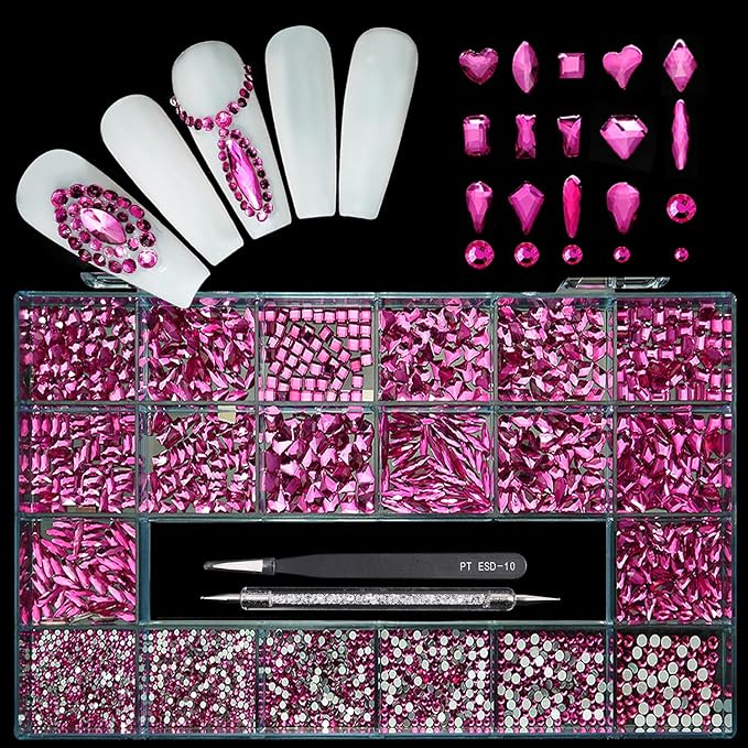 Yzzseven 14 Types of 700 Rose Pink Diamonds + 2100 Flat Rhinestones Mix 20 Styles Flatback DIY Crafts Rhinestone Crystals 3D Ornament‌s Flat Back Stones Set + Tweezers + Drill Pen