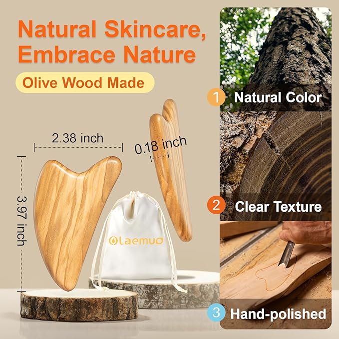 Gua Sha Facial Tools - Face Massager Tool for Lymphatic Drainage, Jawline Shaper, Double Chin Reducer, Face Sculpting Tool with Pouch - Skin Care Gift for Mum Wife, Natural Olive Wood