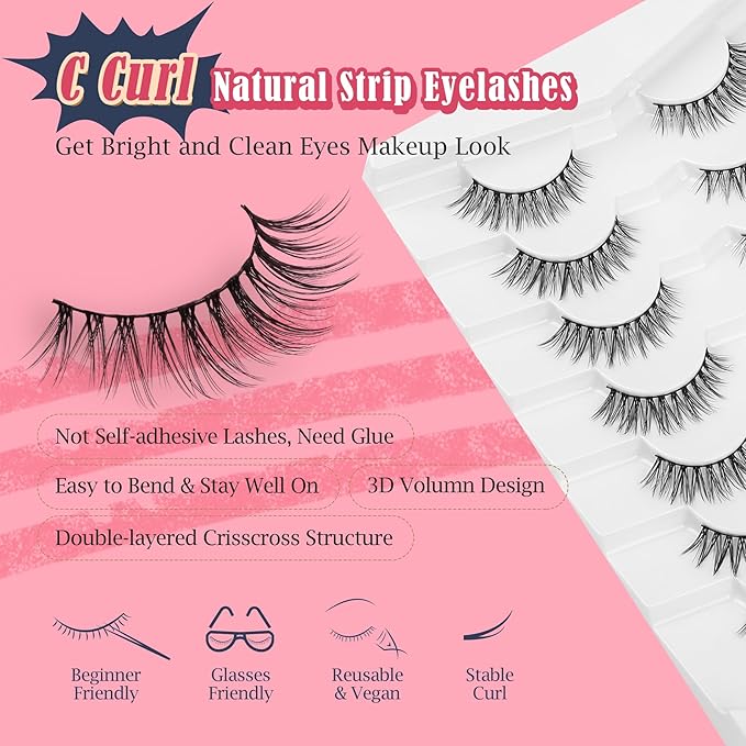 Eyelashes Natural Cat Eye Lashes False Eyelashes Wispy Lashes Flared Lashes Pack C Curl Eyelash Soft False Lashes 12mm Short Lashes Siligli 7 Pair