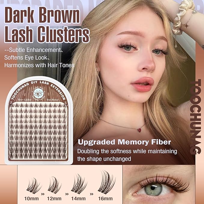 Brown Lash Clusters Manga Cluster Eyelash Extensions Dark Brown Eyelash Clusters Spiky C-Curly Cluster Lashes 10-16mm DIY Lash Extension 120pcs Individual lashes with Clear Band by TOOCHUNAG
