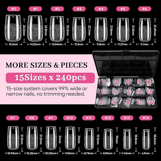 Qiek Medium Square Pre-Building Nail Tips, 15 Sizes 240 PCS Pre-shaped Apex Clear Soft Press On Fake Nail Half Matte Gel Nail Extensions Strong Thick Acrylic Tip for DIY Beginners & Salon Manicure
