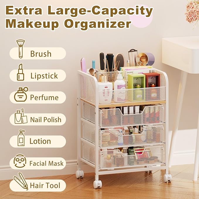 3 Drawers Makeup Cart Organizer with Divider, Under Desk Floor Skincare Organizers, Vanity Storage Organizer Cosmetics Display Cases for Skin Care Perfume Nail Polish, White