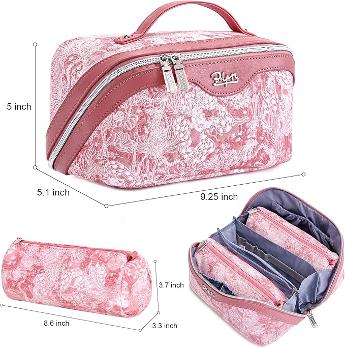 BOYATU Travel Makeup Bag for Women: Large Capacity Make up Bag with Compartments - Vegan Leather Cosmetic Bag set of 3 - Waterproof Toiletry Bag with Handle & Divider(E-4-Pink)