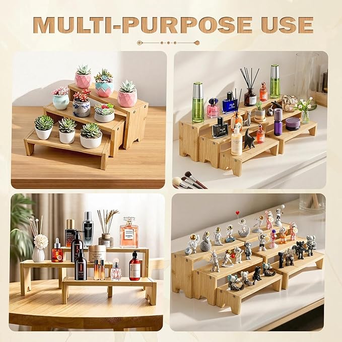 3 Tier Bamboo Display Stand Risers, Independent Shelf with 3 Heights, Natural Bamboo Organizer Stand for Cupcake, Perfume, Cologne, Figurine, Spice, Cosmetic, Tiered Riser Rack for Table Display, Kitchen, Retail, Home Decor