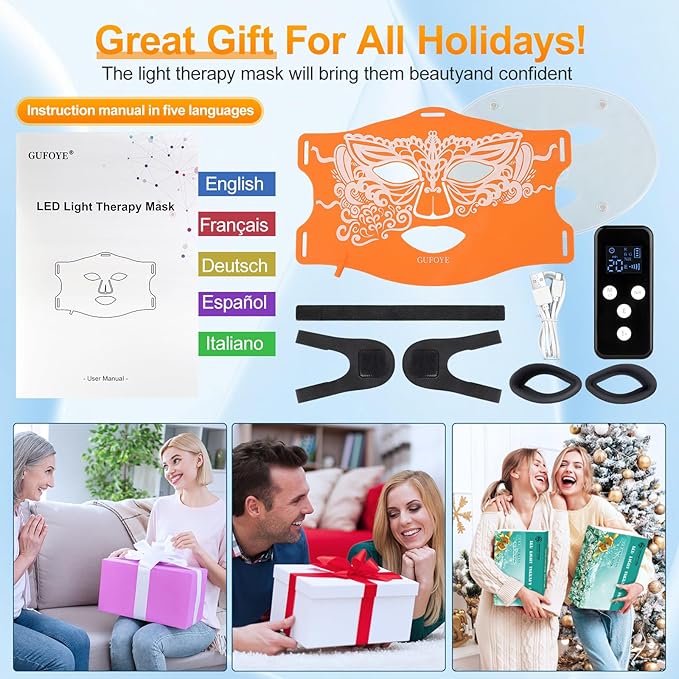Red Light Therapy for Face Mask with Ice Compress, 850nm Infrared Red Light Therapy, 7+1 Light Modes Led Face Mask Light Therapy, Level 5 Timing, 3000mAh, Led Mask Light Therapy for Home, Orange