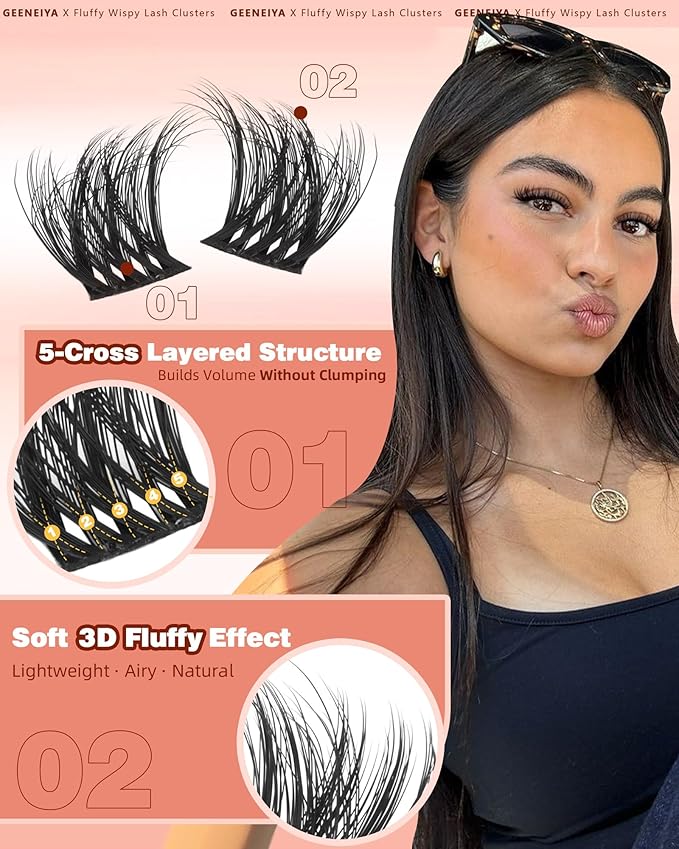 Geeneiya Fluffy Lash Clusters 8-16mm, Natural 3D Fluffy Effect Eyelash Clusters, C Curl DIY Cluster Eyelash Extensions for Salon-Like Lashes at Home