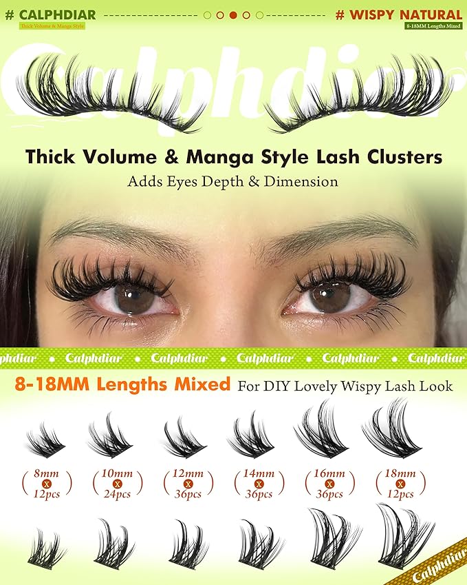 Calphdiar DIY Lash Extension Kit Thick Lash Clusters Kit Wispy Eyelash Clusters 8-18mm D Curve Eyelash Extension Kit Manga Spiky Lash Extension Individual Lashes with Lash Bond and Seal Tweezers