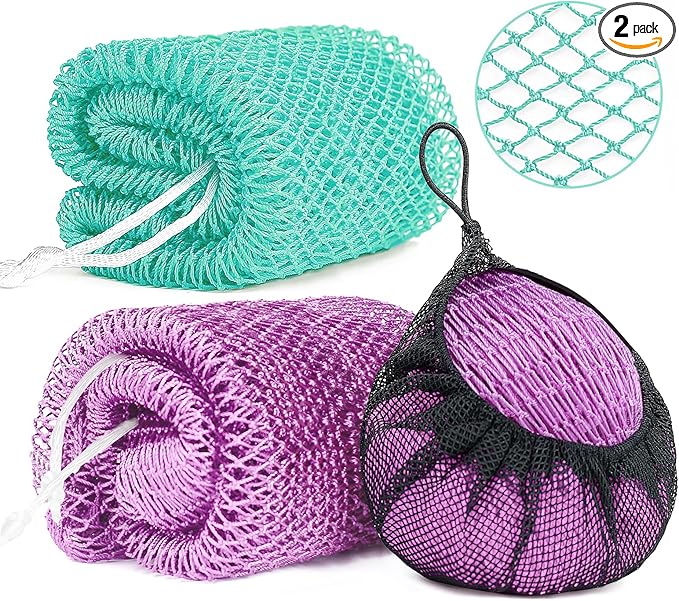 2 Pack African Net Sponge Exfoliating Scrubber Bath Sponge for Daily Use (Light Purple +Seafoam)