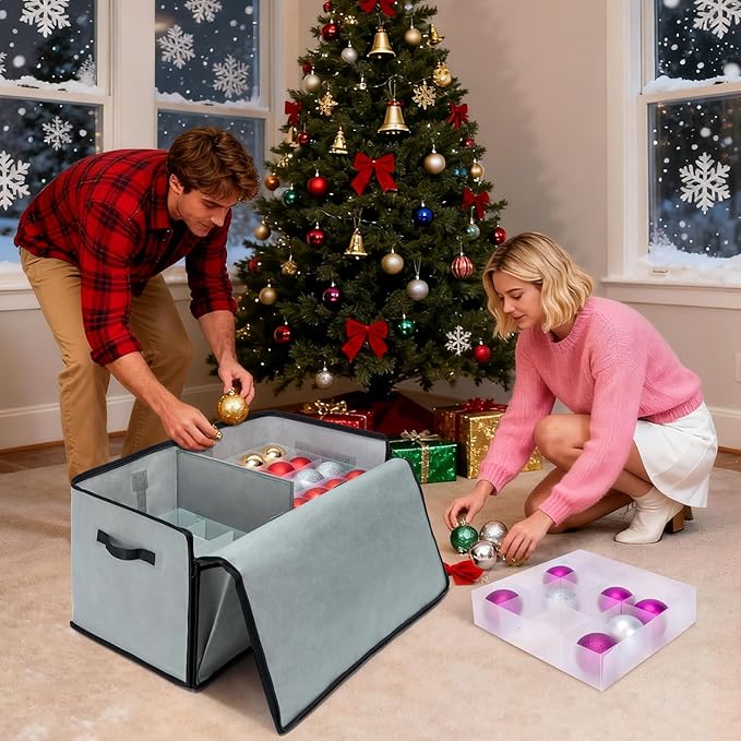 BALEINE Christmas Ornament Storage Box with Dividers, Premium Holiday Ornaments Storage Container Bin for Xmas Decorations (128 Ball, Black, Soft)