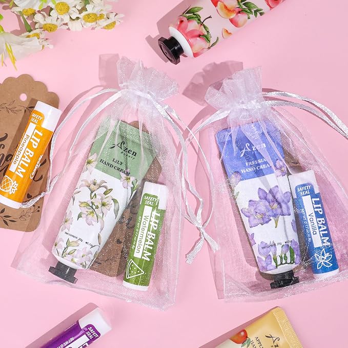 AZEN 64 Sets Bulk Gifts, Hand Cream and Lip Balm Bulk Set with Organza Bag Thank You Card, Baby Shower Wedding Gifts for Guests, Bridal Wedding Favors for Guests,Thank You Gifts for Women