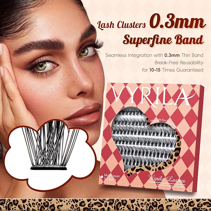VYRILA Lash Clusters 0.05mm PBT Fiber Eyelash Clusters, 0.3mm Superfine Soft Band C Curl Diy Lash Extension, 160pcs 8-16mm Individual Lashes Clusters Like Eyelash Extensions (40P-C-8-16Mix)