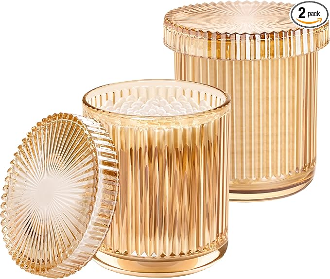 MKOSAB Bathroom Organizers and Storage,2 Pack Glass Qtip Holder Dispenser,Bathroom Essentials Accessories Decor,Vanity Makeup Storage Organizer for Cotton Swabs,Cotton Balls,Pads,Floss Picks (Amber)