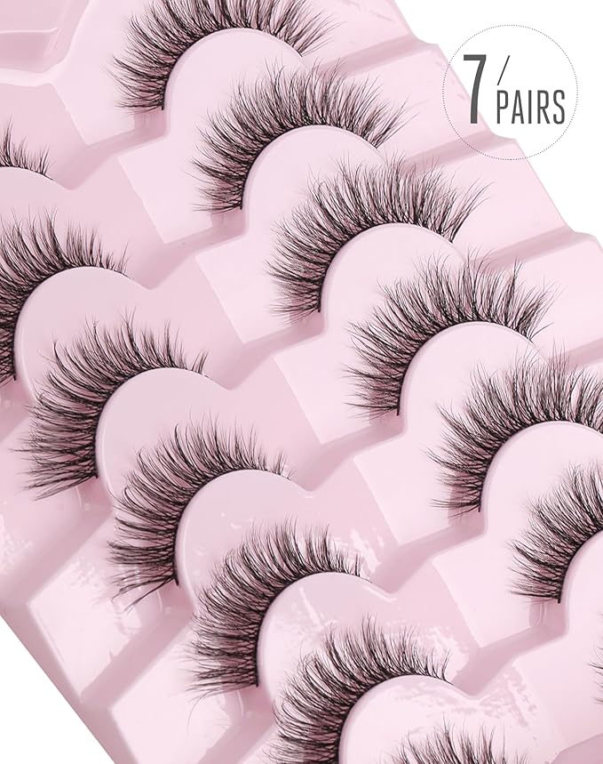 Onlyall Wispy 1 Eyelashes for Natural Flared Look, Soft Fluffy Lashes, Black, 7 Pairs D-K06