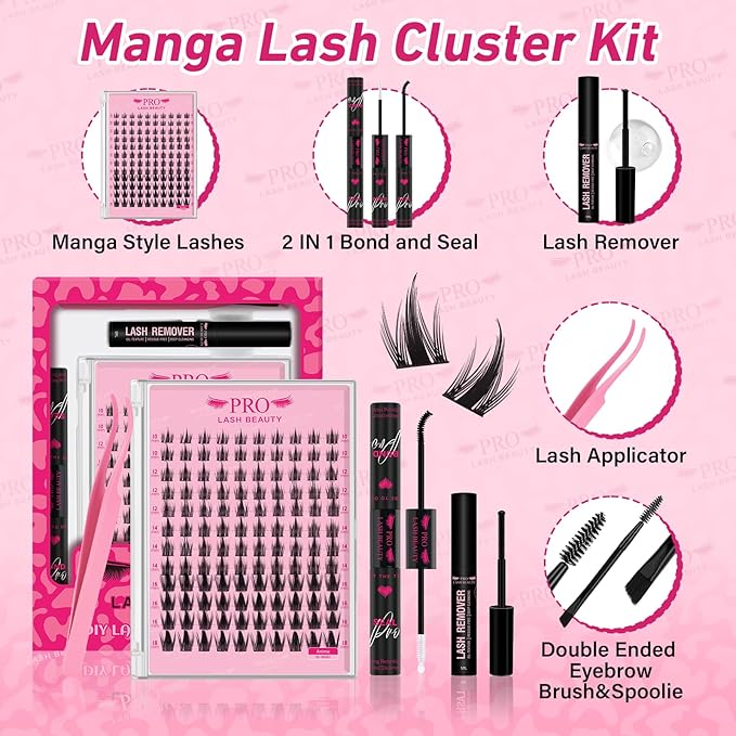 PROLASHBEAUTY Manga Lash Clusters Kit Anime Lash Clusters Volume Fairy Ultra-Thin Band Spike Lashes with Lash Bond and Seal Applictor Remover (Anime,10-18mix)