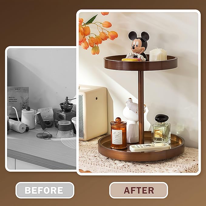 SANRETAHO 2-Tier Bamboo Rotating Makeup Organizer, 360° Spinning Vanity Organizer for Perfume & Skincare, Space-Saving Countertop Cosmetic Storage Organizer for Bathroom, Brown