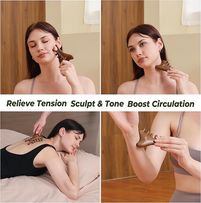 4-in-1 Wooden Gua Sha Tool Set – Facial, Body & Scalp Manual Guasha Massage Tool for Tension Relief, Includes Portable Mini Wooden Comb,Valentine’s Day Gift-Ready Box