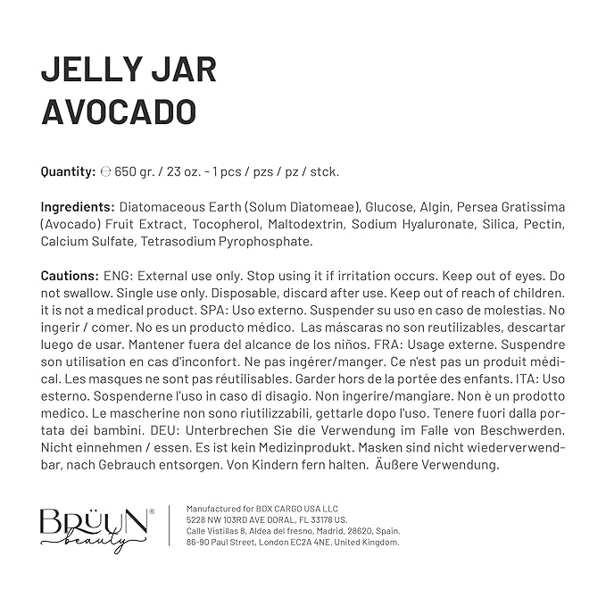 BRÜUN Peel-Off Avocado Jelly Mask for Face Care – A 23 fl oz Rubber Jar for 30 to 35 Treatments – A Skin Care Moisturizing Gel Mask of Spa Set for Men, Women and Adults