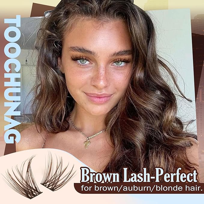 Natural Brown Lash Clusters Wispy Cluster Eyelash Extension C Curl Soft Individual Lashes Natural Look Venus Eyelash Clusters with Thin Band 10-16mm DIY Brown Lashes Extension by TOOCHUNAG