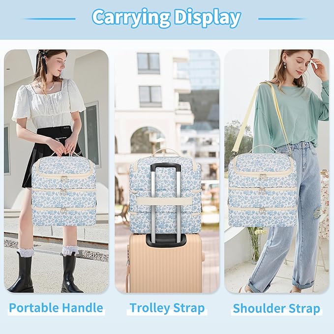 Extra Large Nail Polish Organizer - Three Layer Nail Organizers And Storage Bag, Portable Nail Supplies Organizer Case, Nail Tech Kit Travel Carrying Box with Shoulder Strap (Floral Blue, 117 Slots)