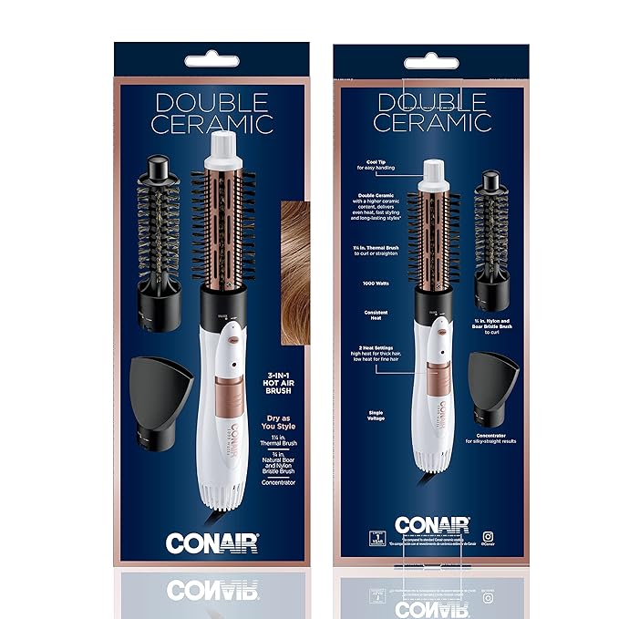 Conair Double Ceramic 3-in-1 Hot Air Brush, 1000W, Interchangeable 1¼" Thermal & ¾” Boar Bristle Attachments for Voluminous Curls & Straight Styles, Hot Air Brush for Fine & Thick Hair (Pack of 4)