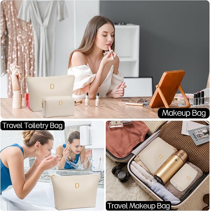 Women Gifts | Initial Makeup Bag Set for Girl Personalized Gifts for Bridesmaid Friend Graduation Teachers PU Leather Cosmetic Travel Toiletry Bag(Beige,D)