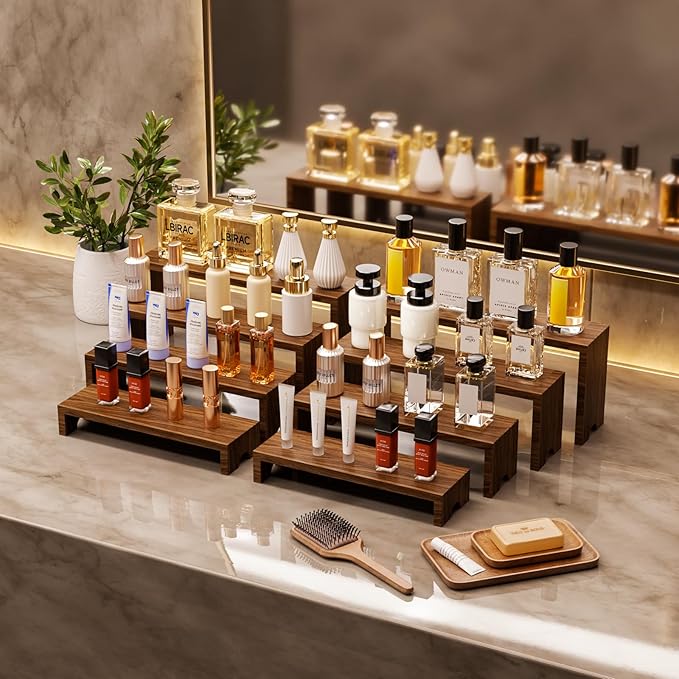 4 Tier Large Display Wooden Riser Stand 2 Set Decorative Rectangular Wood Racks 8 Pieces Stackable Perfume Organizer Cologne Stand Wood Dessert Table Display Set for Vendor Events (Dark Brown, 8PCS)