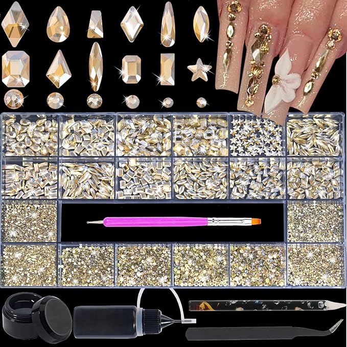 HNUIX Nail Rhinestones - 4550pcs Champagne Gold, Multiple Shape Gems, Flatback Crystal Rhinestones, with Kit and Glue Gel, for Nail Art