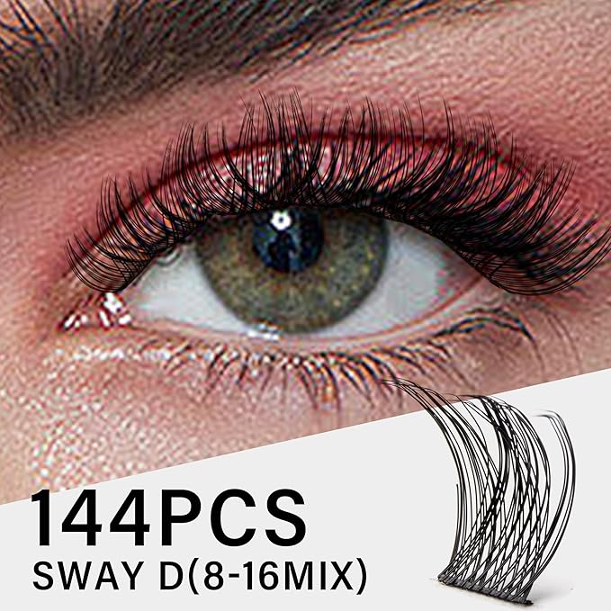VYRILA Lash Clusters 8-16mm, False Eyelashes 144pcs, Cluster Eyelash Extensions Matte Black Soft, Diy Lash Extensions D Curl Natural Lash Clusters Faux Mink Lashes Wispy（Sway,144pcs,0.07,D,8-16MIX)